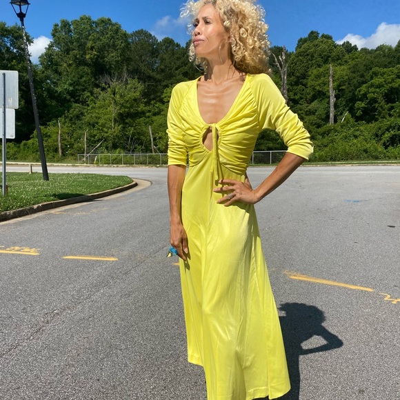 Vintage yellow keyhole jersey maxi disco dress S/M - Picture 3 of 12